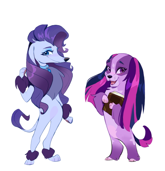 Size: 1439x1495 | Tagged: safe, artist:rr29578979, derpibooru import, rarity, twilight sparkle, dog, bipedal, book, coat markings, collar, colored muzzle, cute, dogified, duo, duo female, eyeshadow, facial markings, female, gradient legs, image, littlest pet shop, makeup, open mouth, open smile, pale belly, parody, paws, png, raridog, ruff, simple background, smiling, species swap, standing, star (coat marking), twilight barkle, white background, zoe trent