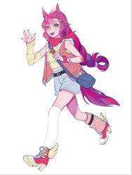 Size: 1620x2160 | Tagged: safe, artist:onion16011, derpibooru import, sunny starscout, human, g5, bandage, boots, clothes, converse, detached sleeves, high heel boots, humanized, image, light skin, mismatched socks, open mouth, open smile, open vest, png, pony ears, running, satchel, shoes, simple background, smiling, socks, tail, tailed humanization, waving, waving at you, white background, wristband