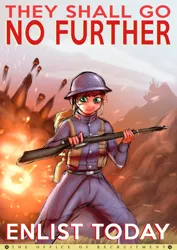 Size: 4968x7020 | Tagged: safe, artist:crazy water, artist:misstwipietwins, derpibooru import, oc, unofficial characters only, anthro, pony, equestria at war mod, blood, canterlot, caption, clothes, explosion, female, gun, helmet, image, image macro, mare, png, poster, propaganda, random pony, rifle, solo, text, uniform, war, weapon