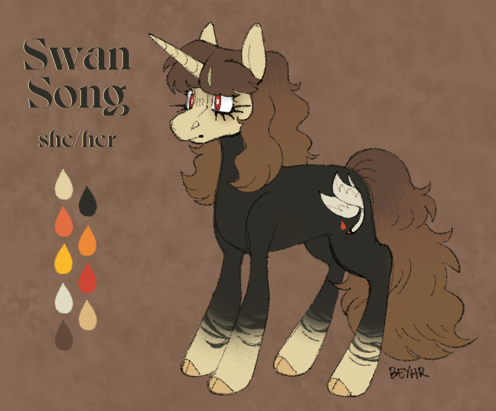 Size: 705x585 | Tagged: safe, artist:beyhr, derpibooru import, part of a set, oc, oc:swan song (beyhr), unofficial characters only, pony, unicorn, abstract background, bald face, bangs, black coat, blaze (coat marking), brown mane, brown tail, cloven hooves, coat markings, color palette, colored ears, colored hooves, eyeshadow, facial markings, female, frown, hooves, horn, image, leg stripes, long mane, long tail, makeup, mare, no catchlights, oc redesign, png, red eyes, reference sheet, signature, socks (coat marking), solo, standing, stripes, tail, text, thick eyelashes, unicorn horn, unicorn oc, white pupils, yellow hooves