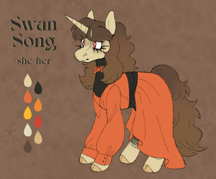 Size: 705x585 | Tagged: safe, alternate version, artist:beyhr, derpibooru import, part of a set, oc, oc:swan song (beyhr), unofficial characters only, pony, unicorn, abstract background, bald face, bangs, belt, black coat, blaze (coat marking), brown mane, brown tail, clothes, cloven hooves, coat markings, color palette, colored ears, colored hooves, dress, eyeshadow, facial markings, female, floral necklace, flower, frown, hooves, horn, image, leg stripes, long mane, long tail, makeup, mare, no catchlights, oc redesign, orange dress, png, puffy sleeves, red eyes, reference sheet, signature, sleeved dress, socks (coat marking), solo, standing, stripes, tail, text, thick eyelashes, unicorn horn, unicorn oc, white pupils, yellow hooves