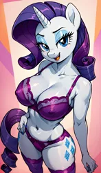 Size: 2400x4080 | Tagged: suggestive, ai content, derpibooru import, machine learning generated, rarity, anthro, unicorn, absolute cleavage, belly button, bra, breasts, busty rarity, cleavage, clothes, erect nipples, female, g4, horn, image, jpeg, lingerie, looking at you, nipple outline, open mouth, open smile, panties, prompter:lotsofcaps, smiling, socks, solo, solo female, stockings, thigh highs, underwear