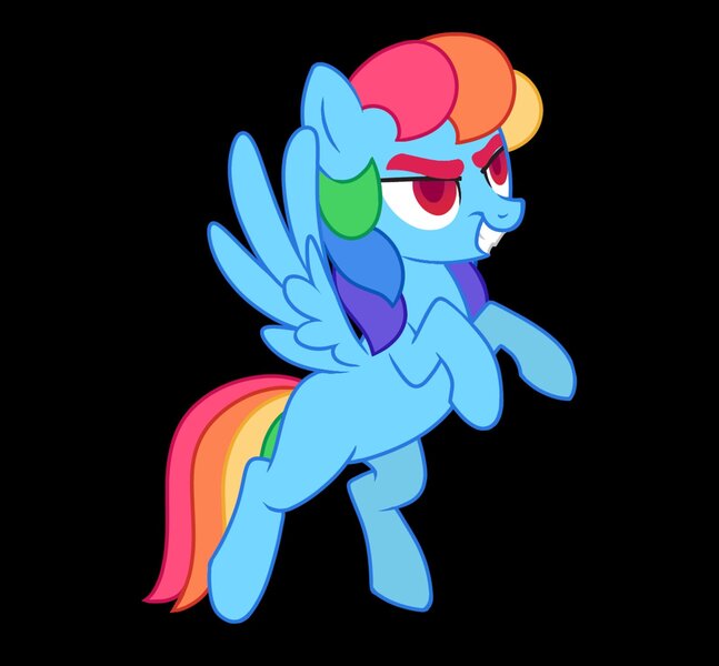 Size: 1595x1479 | Tagged: safe, artist:partyponypower, derpibooru import, rainbow dash, pegasus, pony, alternate hairstyle, alternate universe, black background, blue coat, colored eyebrows, colored pupils, flying, g4, image, jpeg, lidded eyes, male, missing cutie mark, multicolored hair, multicolored mane, multicolored tail, narrowed eyes, no catchlights, rainbow hair, rainbow tail, raised hoof, raised hooves, rearing, red eyes, red pupils, simple background, smiling, solo, spread wings, stallion, style emulation, tail, thick eyebrows, trans male, trans rainbow dash, transgender, wings