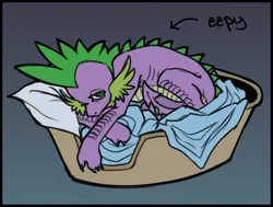 Size: 668x504 | Tagged: safe, artist:expectationemesis, derpibooru import, spike, dragon, bed, blanket, claws, curled up, derpibooru exclusive, eepy, g4, gradient background, image, male, one eye open, pillow, png, ribcage, ribs, scales, solo, tired