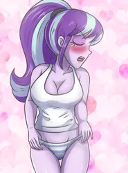 Size: 2150x2900 | Tagged: suggestive, artist:sumin6301, derpibooru import, starlight glimmer, human, equestria girls, 2d, bangs, big breasts, blushing, breasts, busty starlight glimmer, cleavage, clothes, concave belly, eyes closed, eyeshadow, female, g4, heart, heart background, high res, image, looking away, makeup, panties, png, ponytail, short shirt, sleeveless, solo, solo female, striped panties, striped underwear, underwear