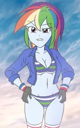 Size: 1816x2900 | Tagged: suggestive, artist:sumin6301, derpibooru import, rainbow dash, human, equestria girls, 2d, belly button, breasts, busty rainbow dash, cleavage, clothes, female, g4, gloves, hand on hip, high res, image, jacket, long sleeves, midriff, panties, png, pocket, ponytail, socks, solo, solo female, striped bra, striped panties, striped underwear, thigh highs, thighs, unamused, underwear, wristband