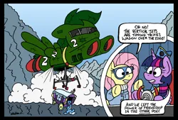 Size: 2500x1687 | Tagged: safe, artist:bobthedalek, derpibooru import, fluttershy, trixie, twilight sparkle, alicorn, pegasus, pony, unicorn, atg 2024, clothes, crossover, glasses, horn, image, newbie artist training grounds, png, thunderbird 2, thunderbirds, trixie's wagon, wagon