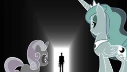 Size: 1600x900 | Tagged: safe, derpibooru import, edit, edited screencap, screencap, princess luna, sweetie belle, alicorn, pony, unicorn, for whom the sweetie belle toils, crossover, g-man, g4, half-life, horn, image, inverted colors, meme, ominous, png