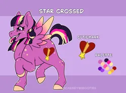 Size: 2320x1714 | Tagged: safe, artist:captaincassidy, derpibooru import, oc, oc:star crossed, pegasus, big ears, braces, chubby, colored wings, curly mane, freckles, g4, gradient wings, grin, happy, hooves, image, pegasus oc, png, purple coat, purple eyes, purple mane, raised hoof, raised leg, reference, reference sheet, smiling, three toned mane, wings