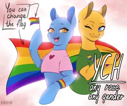 Size: 2408x2000 | Tagged: safe, artist:erein, derpibooru import, pony, advertisement, any gender, any race, auction, auction open, clothes, commission, duo, ears up, happy, heart, high res, image, jpeg, lgbt, open mouth, pride, pride flag, pride month, shirt, simple background, smiling, t-shirt, wristband, ych sketch, your character here