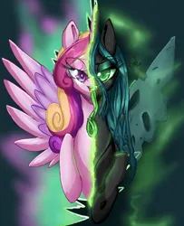 Size: 3000x3700 | Tagged: safe, artist:floralshitpost, derpibooru import, princess cadance, queen chrysalis, alicorn, changeling, changeling queen, disguise, disguised changeling, eyelashes, fake cadance, female, image, lidded eyes, long tongue, magic, png, simple background, spread wings, tongue out, transparent background, wings