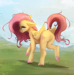 Size: 3174x3231 | Tagged: safe, artist:miokomata, derpibooru import, fluttershy, pegasus, pony, butt, colored hooves, dock, female, floppy ears, flutterbutt, freckles, freckleshy, g4, high res, hooves, image, looking at you, looking back, looking back at you, mare, plot, png, smiling, smiling at you, solo, standing on two hooves, tail