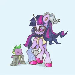 Size: 1675x1675 | Tagged: safe, artist:tuskonline, derpibooru import, spike, twilight sparkle, dragon, pony, unicorn, baby, baby dragon, blue background, blue mane, bow, clothes, duo, eyes closed, eyewear, female, glasses, hair bow, horn, image, jpeg, leg warmers, mare, oversized clothes, oversized shirt, pink hooves, purple body, purple eyes, purple mane, shirt, simple background, smiling, tanktop