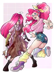 Size: 706x953 | Tagged: semi-grimdark, artist:iridescentglow, derpibooru import, pinkie pie, human, alternate hairstyle, apron, bandaid, bandaid on nose, belt, blood, boots, bracelet, breasts, cleaver, clothes, duality, duo, duo female, ear piercing, earring, female, gloves, heelys, humanized, image, jewelry, jpeg, leg warmers, meat cleaver, nail polish, open mouth, piercing, pinkamena diane pie, ripped stockings, shirt, shoes, shorts, socks, stockings, thigh highs, torn clothes
