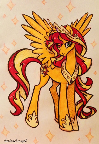 Size: 2360x3432 | Tagged: safe, artist:dariarchangel, derpibooru import, sunset shimmer, alicorn, pony, alicornified, alternate design, alternate universe, celestia's crown, crown, cute, female, g4, image, jewelry, jpeg, long hair, long mane, mare, photo, race swap, regalia, shimmerbetes, shimmercorn, sketchbook, smiling, solo, spread wings, traditional art, two toned mane, what if, wings