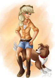 Size: 1024x1449 | Tagged: safe, artist:hyzenthlay89, derpibooru import, applejack, winona, dog, human, 2017, applejack's hat, boots, clothes, cowboy boots, cowboy hat, female, g4, hat, humanized, image, jpeg, shoes