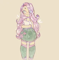 Size: 1642x1646 | Tagged: safe, artist:pandobia, derpibooru import, fluttershy, human, equestria girls, beanbrows, boots, clothes, cute, eye clipping through hair, eyebrows, eyebrows visible through hair, flyer, g4, hair over one eye, image, png, shoes, shyabetes, simple background, skirt, smiling, solo, tanktop, yellow background