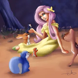 Size: 1024x1024 | Tagged: safe, artist:hyzenthlay89, derpibooru import, fluttershy, bird, chipmunk, deer, human, rabbit, squirrel, 2017, animal, bare shoulders, disney, female, g4, humanized, image, jpeg, snow white and the seven dwarfs