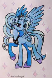 Size: 2317x3463 | Tagged: safe, artist:dariarchangel, derpibooru import, trixie, alicorn, pony, alicornified, alternate design, alternate hairstyle, alternate universe, crown, cute, diatrixes, female, g4, image, jewelry, jpeg, large wings, luna's crown, mare, photo, ponytail, race swap, raised hoof, regalia, sketchbook, smiling, solo, spread wings, standing on two hooves, traditional art, trixiecorn, what if, wings