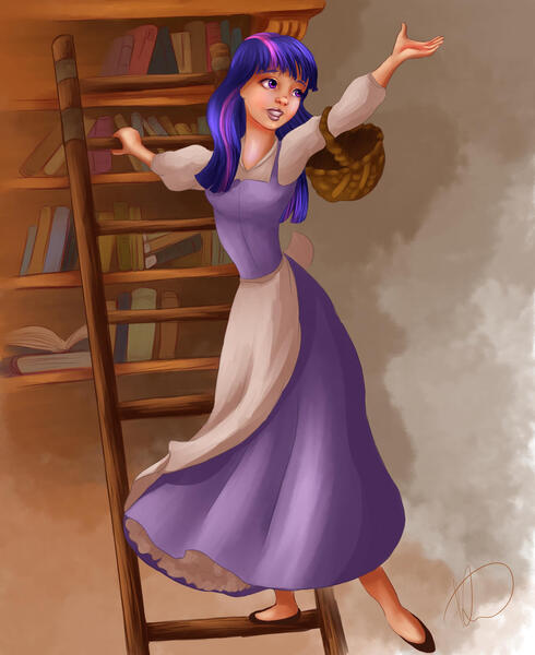 Size: 1024x1255 | Tagged: safe, artist:hyzenthlay89, derpibooru import, twilight sparkle, human, 2018, basket, beauty and the beast, belle, disney, female, g4, humanized, image, jpeg, ladder, solo