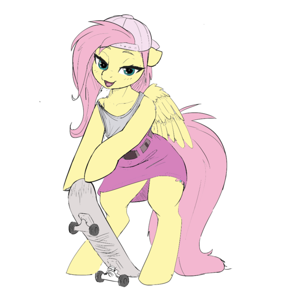 Size: 944x1008 | Tagged: safe, anonymous artist, artist:misty breeze, derpibooru import, edit, fluttershy, pegasus, pony, semi-anthro, 90s grunge fluttershy, alternate clothes, alternate hairstyle, arm hooves, backwards ballcap, baseball cap, cap, clothes, female, floppy ears, g4, gameloft, hat, image, lidded eyes, looking at you, mare, my little pony: magic princess, open mouth, png, skateboard, skirt, solo, tanktop