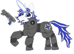 Size: 1800x1300 | Tagged: safe, artist:silverfishv9, derpibooru import, oc, oc:azure star (silverfishv9), unofficial characters only, pony, unicorn, armor, blue eyes, blue mane, clothes, crossover, cutie mark, cutie mark on clothes, fallout, glow, glowing horn, highlights, horn, image, magic, png, power armor, simple background, telekinesis, unicorn oc, weapon