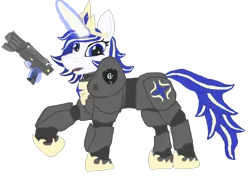 Size: 1800x1300 | Tagged: safe, artist:silverfishv9, derpibooru import, oc, oc:azure star (silverfishv9), unofficial characters only, pony, unicorn, armor, blue eyes, blue mane, clothes, crossover, crown, cutie mark, cutie mark on clothes, element of harmony, element of laughter, fallout, glow, glowing horn, highlights, horn, image, jewelry, magic, png, power armor, regalia, shoes, simple background, telekinesis, unicorn oc, weapon