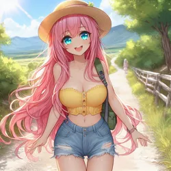 Size: 1024x1024 | Tagged: safe, ai content, derpibooru import, generator:copilot, machine learning generated, fluttershy, human, adorasexy, anime, backpack, belly button, big breasts, blushing, breasts, busty fluttershy, cleavage, clothes, cute, denim, denim shorts, dirt road, female, g4, generator:dall-e 3, hat, humanized, image, jpeg, long hair, looking at you, midriff, nature, outdoors, sexy, shorts, shyabetes, smiling, smiling at you, solo, strapless, stupid sexy fluttershy, tube top, walking