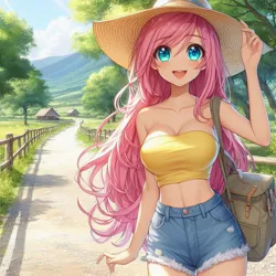 Size: 1024x1024 | Tagged: safe, ai content, derpibooru import, generator:copilot, machine learning generated, fluttershy, human, adorasexy, anime, backpack, bare shoulders, big breasts, breasts, busty fluttershy, cleavage, clothes, cute, denim, denim shorts, dirt road, female, g4, generator:dall-e 3, hat, holding hat, humanized, image, jpeg, long hair, looking at you, midriff, nature, outdoors, sexy, shorts, shyabetes, smiling, smiling at you, solo, strapless, stupid sexy fluttershy, tree, tube top