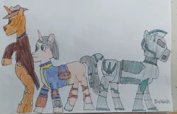 Size: 3382x2183 | Tagged: safe, artist:blackblade360, derpibooru import, ponified, earth pony, ghoul, pony, undead, unicorn, zombie, zombie pony, 2024, armor, atg 2024, brotherhood of steel, clothes, coat, colored pencil drawing, cooper howard/the ghoul, crossover, fallout, fallout (show), female, hat, horn, image, irl, jpeg, jumpsuit, lucy maclean, male, mare, maximus, newbie artist training grounds, paper, photo, pipboy, pipbuck, power armor, rearing, signature, stallion, traditional art, vault suit, video game crossover