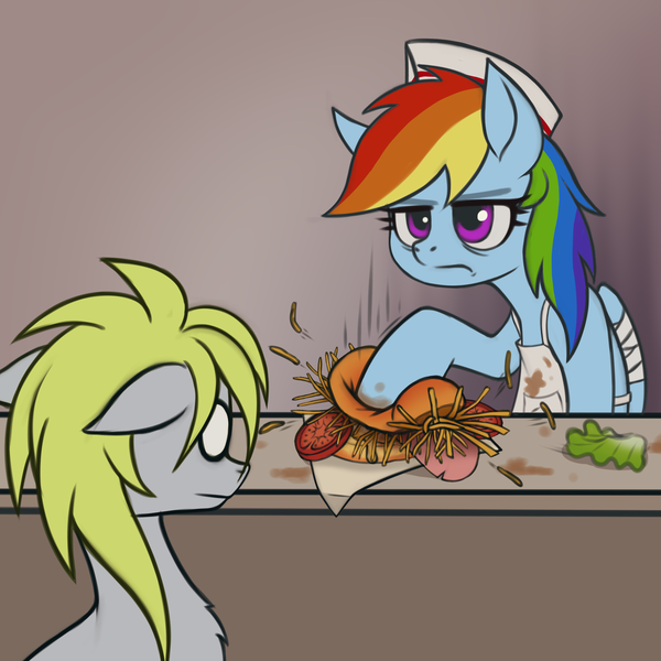 Size: 1800x1800 | Tagged: safe, artist:zetamad, derpibooru import, rainbow dash, oc, oc:lemon sketch, earth pony, pegasus, pony, apron, atg 2024, bandage, burger, chest fluff, clothes, food, g4, hat, hay burger, image, lettuce, newbie artist training grounds, png, rainbow dash is not amused, tomato, unamused