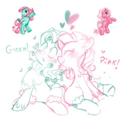 Size: 2586x2492 | Tagged: safe, artist:soniana_draws, derpibooru import, minty, pinkie pie (g3), earth pony, a very minty christmas, g3, blushing, clothes, female, floating heart, heart, image, jpeg, lesbian, nuzzling, ship:mintypie, shipping, sitting, sketch, socks, unshorn fetlocks