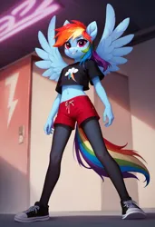 Size: 832x1216 | Tagged: safe, machine learning generated, prompter:rkmisc, rainbow dash, anthro, plantigrade anthro, breasts, clothes, converse, cutie mark, cutie mark on clothes, image, low angle, midriff, pantyhose, png, shirt, shoes, shorts, simple background, small breasts, smiling, smiling at you, solo, tail, wings