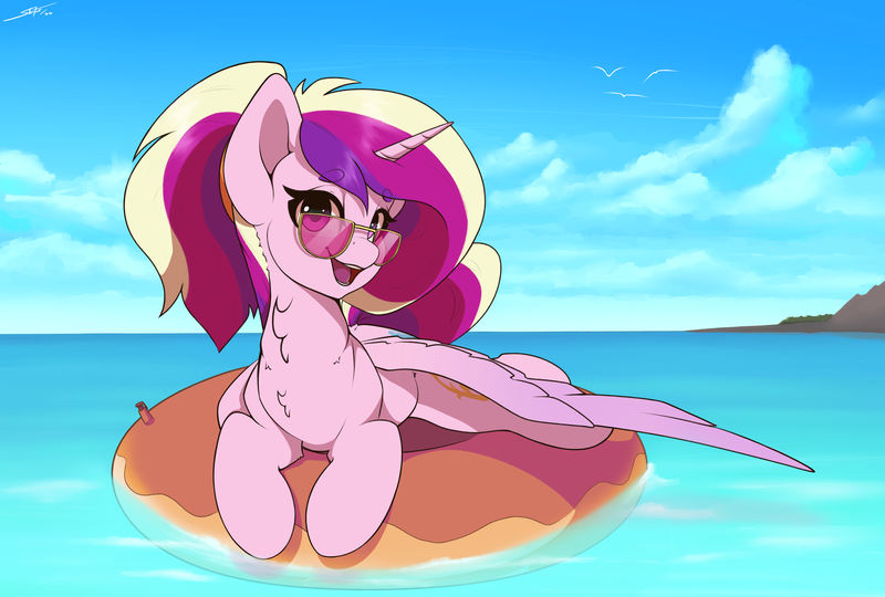 Size: 4000x2700 | Tagged: safe, artist:skitsniga, derpibooru import, princess cadance, alicorn, pony, alternate hairstyle, cloud, cute, cutedance, female, floaty, image, inner tube, mare, ocean, open mouth, png, ponytail, pool toy, solo, sunglasses, water