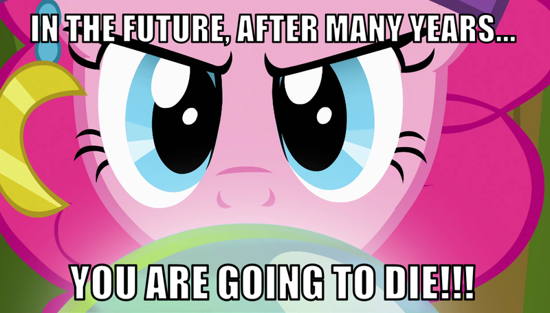 Size: 1056x600 | Tagged: safe, derpibooru import, edit, edited screencap, editor:twi clown, screencap, pinkie pie, earth pony, pony, it's about time, caption, crystal ball, female, g4, image, image macro, madame pinkie, mare, png, text