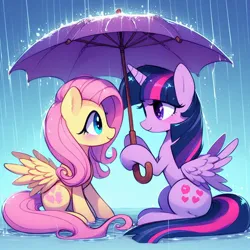 Size: 1024x1024 | Tagged: safe, ai content, derpibooru import, machine learning generated, prompter:doomguy397, fluttershy, twilight sparkle, twilight sparkle (alicorn), alicorn, pony, duo, duo female, female, g4, generator:dall-e 3, image, implied lesbian, implied shipping, implied twishy, jpeg, looking at each other, looking at someone, mare, partially open wings, rain, shelter, umbrella, wholesome, wings