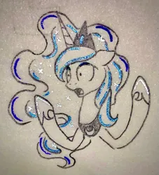 Size: 1353x1487 | Tagged: safe, artist:astralune, derpibooru import, princess luna, alicorn, pony, bust, crown, ethereal mane, g4, hoof shoes, image, jewelry, jpeg, lineart, open mouth, pencil drawing, peytral, regalia, shocked, solo, starry mane, traditional art