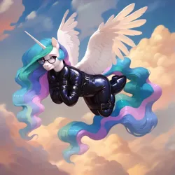 Size: 1024x1024 | Tagged: suggestive, ai content, anonymous prompter, derpibooru import, machine learning generated, stable diffusion, princess celestia, alicorn, anthro, belt buckle, belts, bondage, cloud, flying, generator:purplesmart.ai, glasses, image, jpeg, latex, latex suit, looking at you, rubber, rubber suit, sky, smiling, solo, spread wings, straitjacket, straps, wings