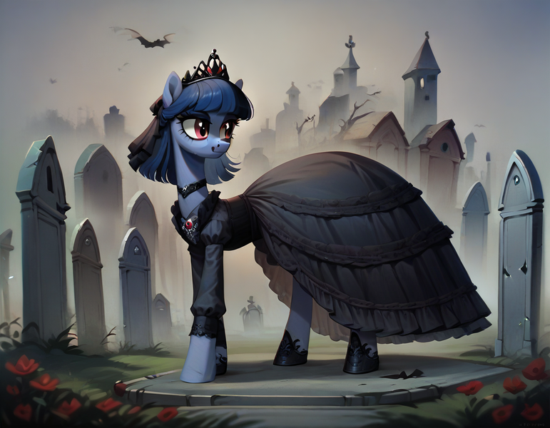 Size: 1152x896 | Tagged: safe, ai content, derpibooru import, machine learning generated, prompter:kopaleo, stable diffusion, oc, oc:cosmia nebula, anthro, bat, black dress, clothes, dress, generator:pony diffusion v6 xl, goth, gravestone, graveyard, image, jewelry, png, prompt in description, solo, tiara