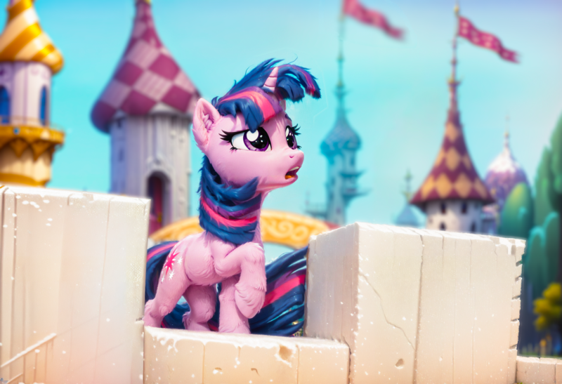 Size: 1824x1248 | Tagged: safe, ai content, derpibooru import, machine learning generated, screencap, stable diffusion, twilight sparkle, pony, unicorn, season 3, the crystal empire, canterlot, derpibooru exclusive, ear fluff, female, g4, generator:pony diffusion v6 xl, horn, image, mare, png, prompter:303aleks, sad, scene interpretation, screencap reference, singing, solo, the failure song, unicorn twilight