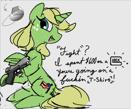 Size: 423x350 | Tagged: artist needed, source needed, safe, derpibooru import, oc, unofficial characters only, pony, unicorn, dialogue, freckles, glock, gun, handgun, hoof hold, horn, image, murica, pistol, png, simple background, sitting, solo, turned head, vulgar, weapon, white background