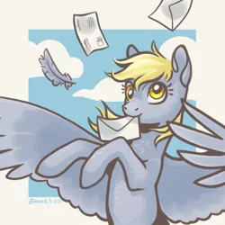 Size: 1228x1228 | Tagged: safe, artist:dany-the-hell-fox, derpibooru import, derpy hooves, pegasus, pony, cloud, feather, g4, image, jpeg, letter, mouth hold, passepartout, sky, solo, spread wings, wings