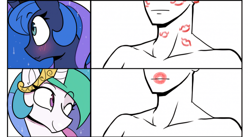 Size: 3400x1872 | Tagged: suggestive, artist:icey, derpibooru import, edit, princess celestia, princess luna, oc, oc:anon, alicorn, pony, anus, blushing, female, g4, image, kiss mark, lipstick, mare, nudity, one eye closed, png, ponut, ponuts kissing, wink