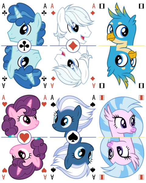 Size: 4800x6000 | Tagged: safe, artist:parclytaxel, derpibooru import, double diamond, gallus, night glider, party favor, silverstream, sugar belle, classical hippogriff, earth pony, gryphon, hippogriff, pegasus, pony, unicorn, series:parcly's pony pattern playing cards, .svg available, absurd resolution, ace of clubs, ace of diamonds, ace of hearts, ace of spades, bust, equal four, female, gallstream, horn, image, joker, male, mare, open mouth, open smile, playing card, png, portrait, rotational symmetry, shipping, simple background, smiling, stallion, straight, vector, white background