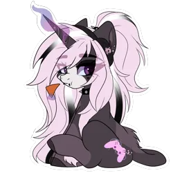 Size: 2000x2000 | Tagged: safe, artist:skyboundsiren, derpibooru import, oc, oc:digit morose, unofficial characters only, unicorn, chips, choker, ear piercing, eating, female, food, goth, headphones, horn, image, lip piercing, magic, makeup, piercing, png, simple background, sitting, spiked choker, sticker, transparent background