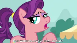 Size: 1280x720 | Tagged: safe, derpibooru import, edit, edited screencap, editor:jaredking779, screencap, spoiled rich, earth pony, pony, season 6, where the apple lies, caption, female, g4, image, jpeg, mare, solo, spoiled milk, text