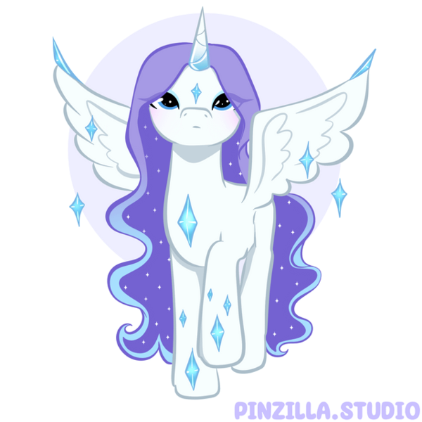 Size: 640x640 | Tagged: safe, artist:pinzillastudio, derpibooru import, oc, unofficial characters only, alicorn, pony, alicorn oc, blushing, ethereal mane, eye clipping through hair, eyeshadow, female, fusion:princess luna, fusion:rariluna, fusion:rarity, g4, gem, horn, image, long hair, makeup, png, raised hoof, simple background, solo, spread wings, white background, wings