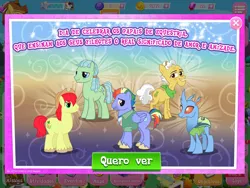 Size: 2048x1536 | Tagged: safe, derpibooru import, bow hothoof, bright mac, unnamed character, unnamed pony, changeling, earth pony, pegasus, pony, banner, g4, gameloft, image, my little pony: magic princess, png, portuguese, screenshots