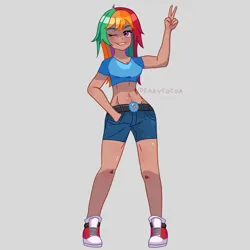 Size: 4000x4000 | Tagged: safe, artist:dearycocoa, derpibooru import, rainbow dash, human, abs, alternate hairstyle, belly button, belt, clothes, converse, cute, dashabetes, female, gray background, grin, humanized, image, multicolored hair, muscles, muscular female, one eye closed, peace sign, png, rainbow hair, shirt, shoes, short shirt, shorts, simple background, smiling, solo, t-shirt, wink