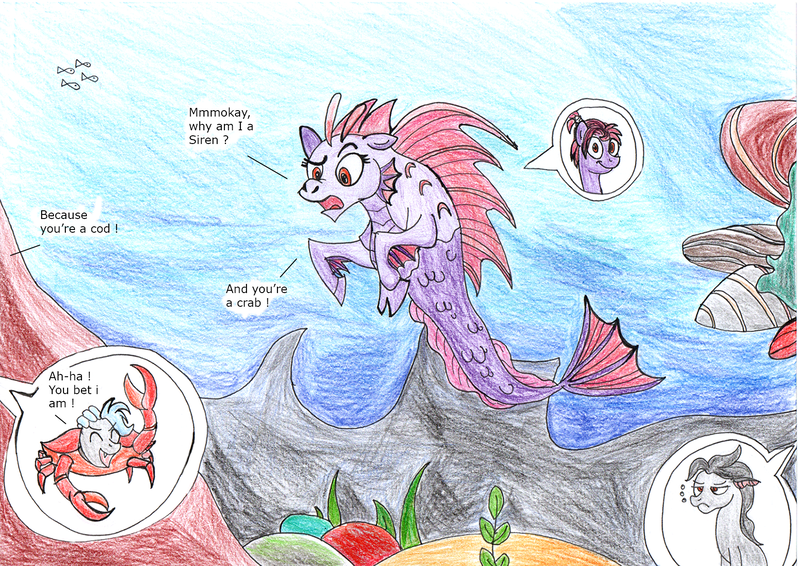 Size: 1750x1238 | Tagged: safe, artist:fleximusprime, derpibooru import, oc, unofficial characters only, crab, siren, atg 2024, image, newbie artist training grounds, png, seaponified, sirenified, species swap, traditional art, underwater, water